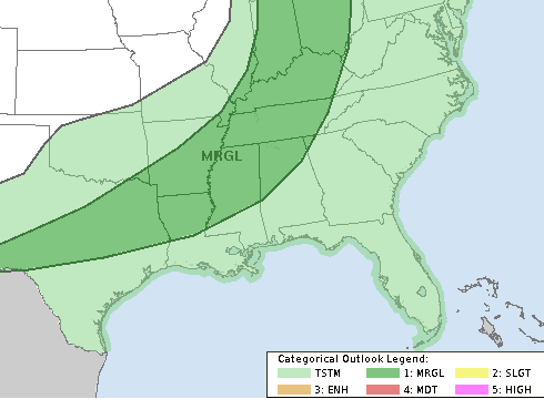 This National Weather Service map shows a large part of the country, including much of Arkansas, under a marginal risk for severe storms.