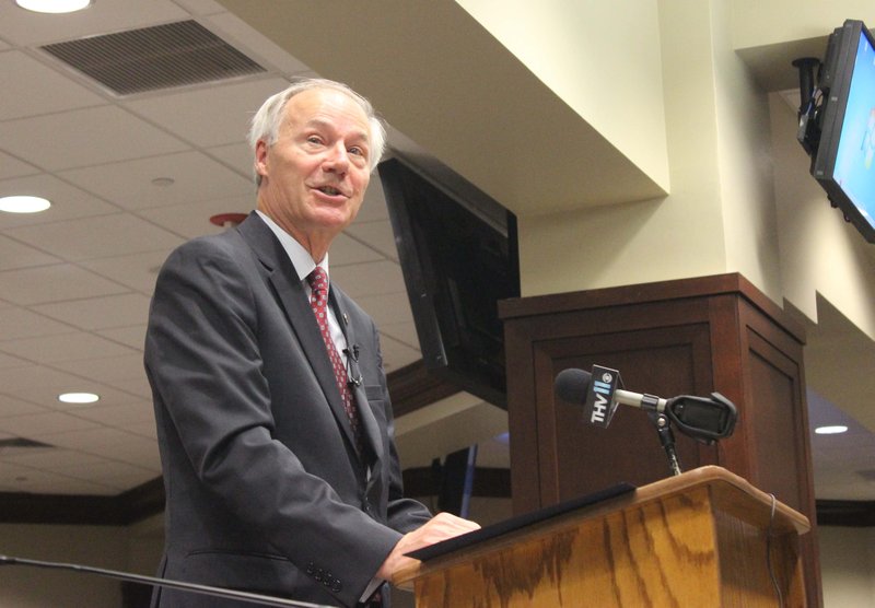 Gov. Asa Hutchinson speaks Wednesday, Aug. 19, 2015, to a joint meeting of the Legislative Healthcare Reform Task Force and the governor’s Medicaid Advisory Council.