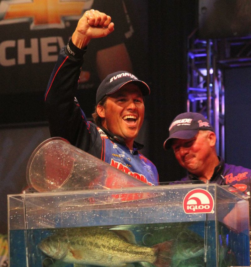 Scott Martin, the 2015 Angler of the Year, celebrates his victory on Lake Ouachita in 2011, the last time the Forrest Wood Cup was held there. 