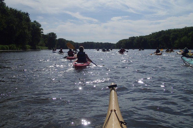 The Great River Rumble canoe and kayak trip heads down a backwater of the Mississippi River July 30 during the seven-day trip. The trip covered 106 miles on the Turkey River in northeast Iowa and the Mississippi.