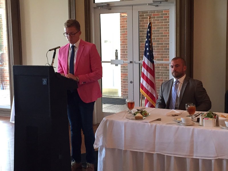 Carl Carter, son of slain real estate agent Beverly Carter, speaks at the annual Little Rock Realtors Association meeting Thursday, Aug. 20, 2015, about his mother and safety initiatives after her killing last year.