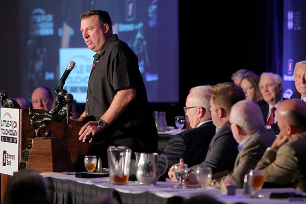 Arkansas coach Bret Bielema addresses the crowd at the Little Rock Touchdown Club on Monday, Aug. 24, 2015, in Little Rock. 