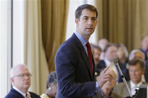 U.S. Sen. Tom Cotton, R-Ark., speaks at a meeting of the Political Animals Club in Little Rock on Tuesday, Aug. 25, 2015.