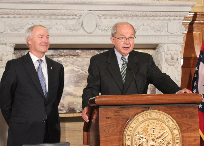 New Arkansas Supreme Court chief justice Howard Brill speaks Tuesday after being introduced by Gov. Asa Hutchinson.