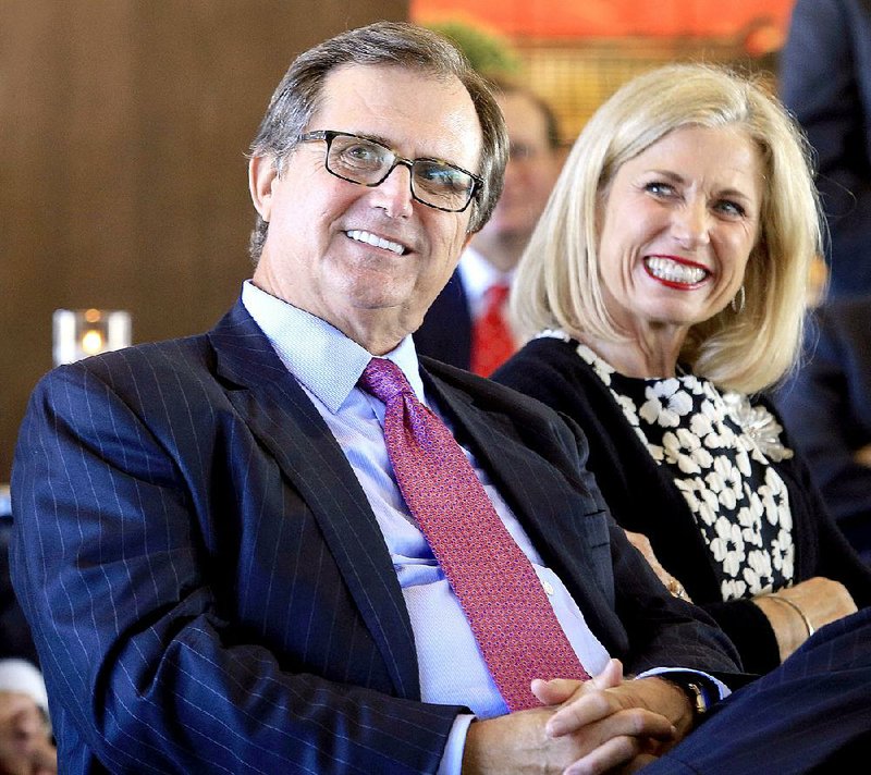Curt and Chucki Bradbury announce a $500,000 gift to Arkansas State University at Jonesboro on Tuesday night during an event at the Arkansas State University System’s office in Little Rock.