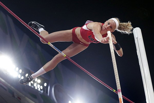 United States' Sandi Morris makes a clearance during the women's pole vault final at the World Athletics Championships at the Bird's Nest stadium in Beijing, Wednesday, Aug. 26, 2015. (AP Photo/Andy Wong)