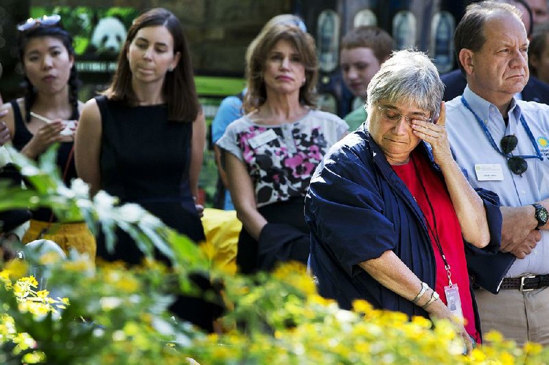 Zoo volunteer Mara Strock grieves Wednesday at the news of the death of one of the panda newborns at the Smithsonian’s National Zoo in Washington.