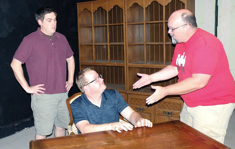 The Conway Community Arts Association and the Lantern Theatre will present Moonlight and Magnolias, by Ron Hutchinson, Sept. 11-13 and 17-20 at the Lantern Theatre in downtown Conway. The comedy tells the story of three men rewriting the movie Gone With the Wind. Appearing in the play are, from left, Shu Miller as the producer, David O. Selznick; Trent Atkinson as the screenwriter, Ben Hecht; and Jeff Ward as the director, Victor Fleming.