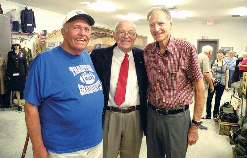 Visiting with Harold Steelman, center, are Don Campbell of Vilonia, left, and former state Sen. Stanley Russ of Conway, right. The three friends’ paths have crossed many times throughout the years. Campbell, who retired to Vilonia several years ago, coached high school football and was inducted into the Arkansas Sports Hall of Fame in 2014. Russ served as an Arkansas senator from 1975-2000, when he became acquainted with Steelman when he managed War Memorial Stadium in Little Rock. Russ attended Arkansas Tech University; “I was on the boxing team,” Russ said with a smile. Russ also graduated from the University of Arkansas in 1952 and knew of Steelman’s role as a member of the Razorbacks football team.