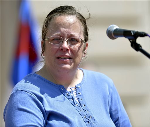 Rowan County Kentucky Clerk Kim Davis speaks to a gathering of supporters during a rally on the steps of the Kentucky State Capitol in Frankfort Ky., on Saturday, Aug. 22, 2015.