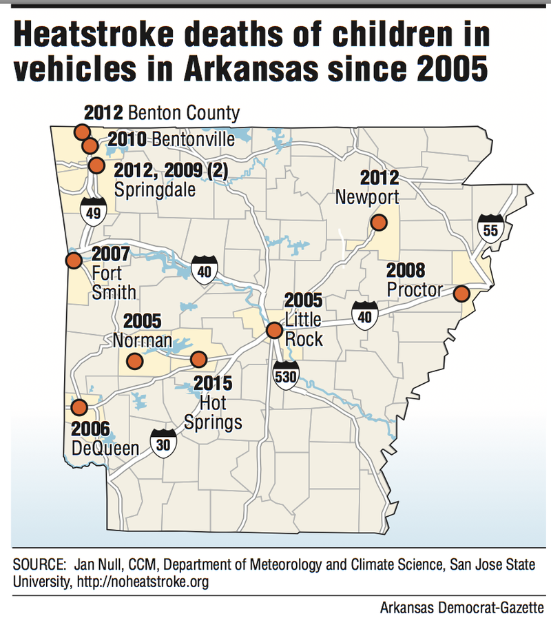 This graphic shows the locations of heatstroke deaths of children in vehicles around the state.