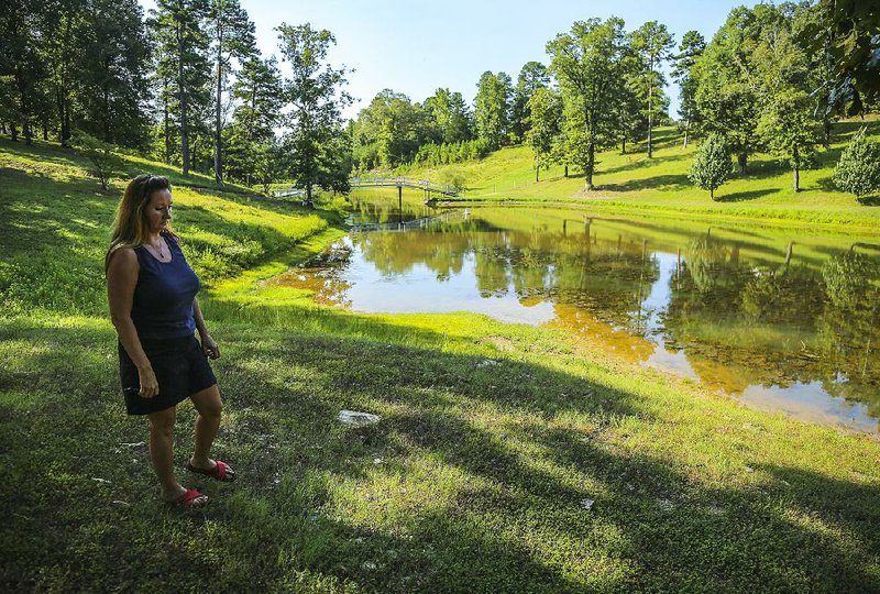 Lisa Baxley walks past the pond on a 10-acre lot that she and her husband own in Saline County. She said sediment and debris runoff from a nearby residential development has ruined the pond.