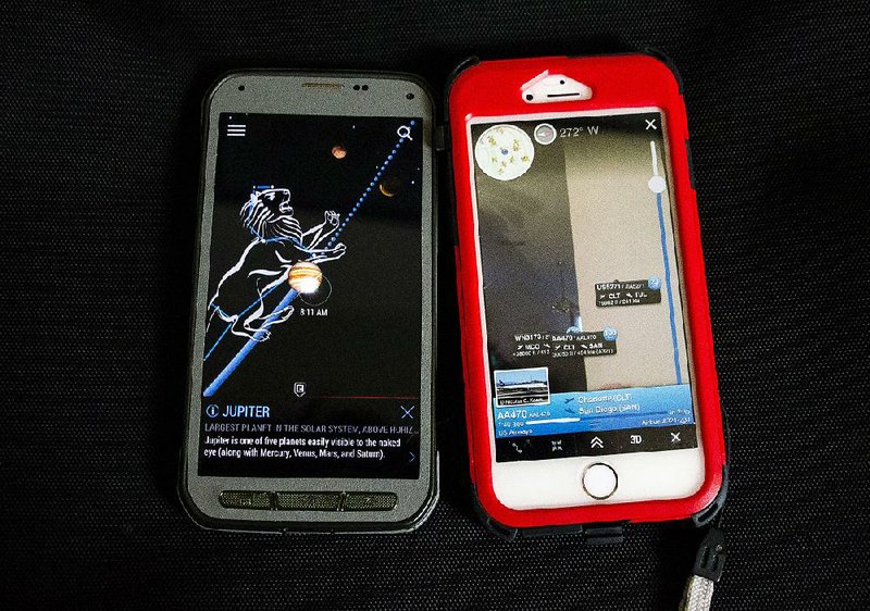 Both the SkyView app (left) and FlightRadar24 offer standard and live-camera views in which the constellation or flight information is laid over the real-time view from the phone’s camera.