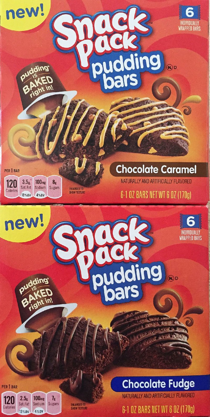 Snack Pack Pudding Bars flavors include chocolate caramel and chocolate fudge.