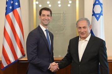 U.S. Sen. Tom Cotton shakes hands with Israeli Prime Minister Benjamin Netanyahu in Jerusalem on Monday, Aug. 31, 2015.