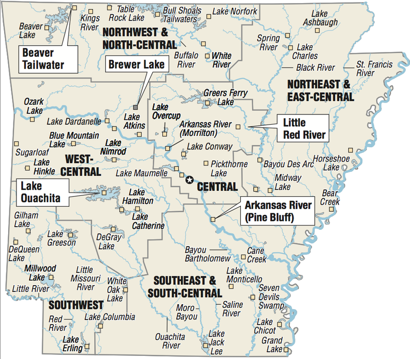 A map showing the location of Arkansas fishing spots.
