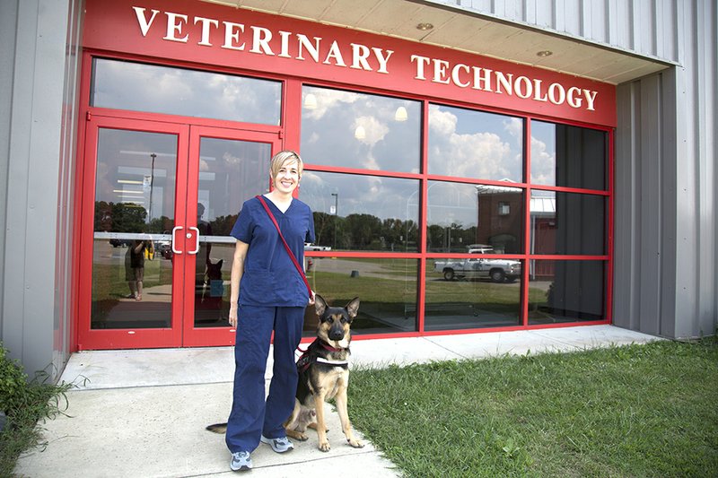 Ann Thompson, a veterinary technology student at Arkansas State University-Beebe, has her service dog, Levi, with her every day. She said members of the vet tech program faculty have been supportive and helpful in accommodating her and Levi’s needs.