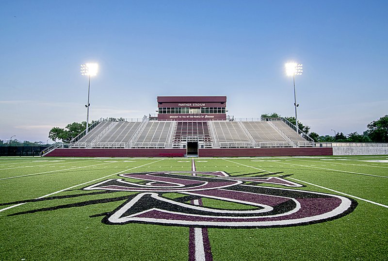 Photo submitted The new home grandstand and press box at Panther Stadium towers over the turf. The stadium is scheduled to be dedicated on Friday at halftime of the Rogers-Siloam Springs football game.