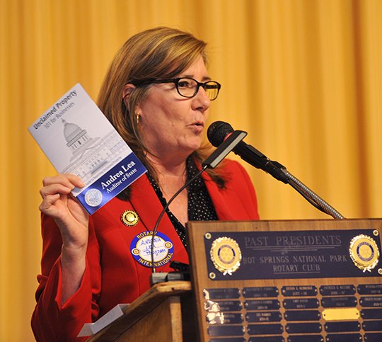 FILE - The Sentinel-Record/Mara Kuhn TREASURE HUNTER: Arkansas Auditor Andrea Lea speaks about the work of the Unclaimed Property Division at the Hot Springs National Park Rotary Club's weekly meeting at the Arlington Resort Hotel & Spa on Sept. 2, 2015. The division's work is known as the Great Arkansas Treasure Hunt because of how much property is abandoned and turned over to Lea's office.