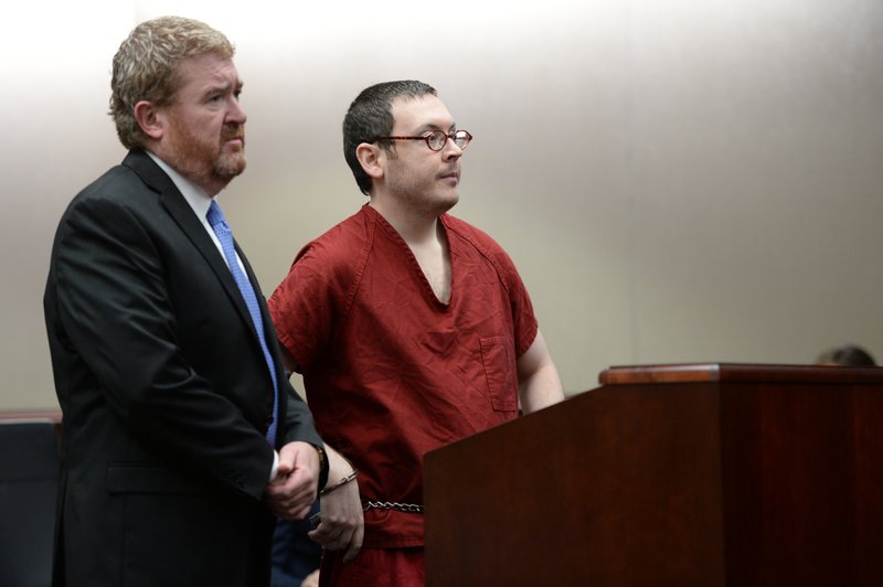 Colorado theater shooter James Holmes appears in court, with his attorney Daniel King, to be formally sentenced, Wednesday, Aug. 26, 2015 in Centennial, Colo.