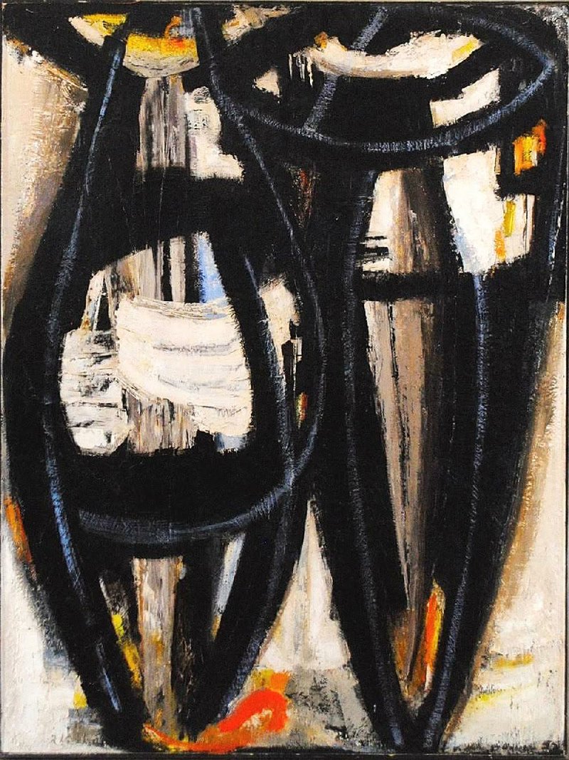 Abstract impressionist painter Dusti Bonge’s Untitled (Two Abstract Figures in White, Black and Blue), 1955, is prominently displayed in the annual “Southern Abstraction” exhibition at Greg Thompson Fine Art in North Little Rock. 
