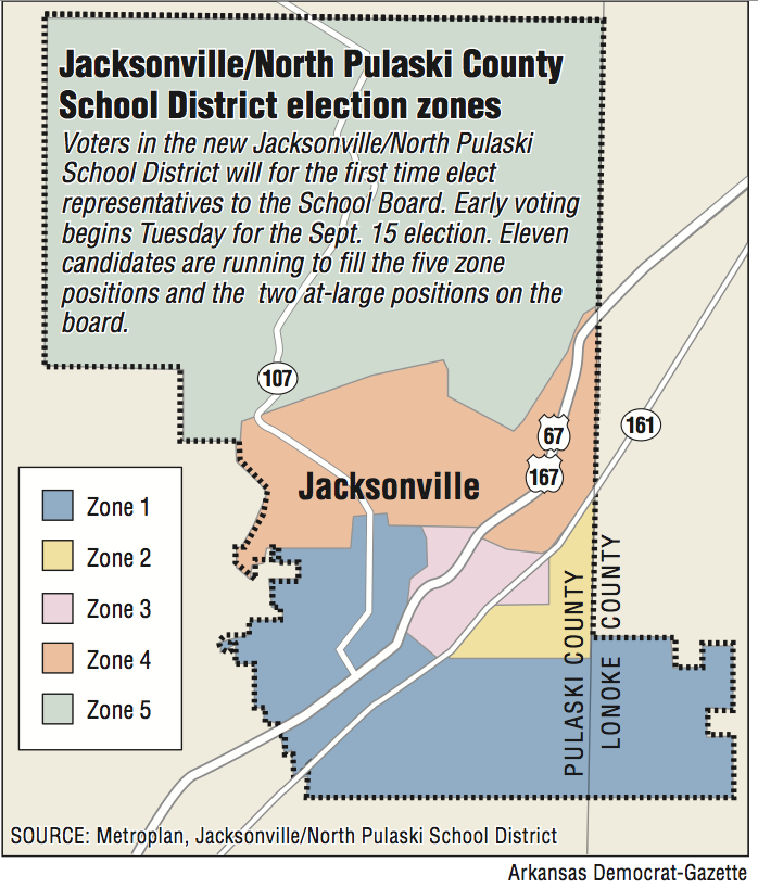 A map showing Jacksonville/North Pulaski County School District election zones.