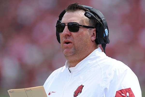 Arkansas coach Bret Bielema watches from the sidelines against the University of Texas at El Paso Saturday, Sept. 5, 2015, during the first quarter of play in Razorback Stadium in Fayetteville.