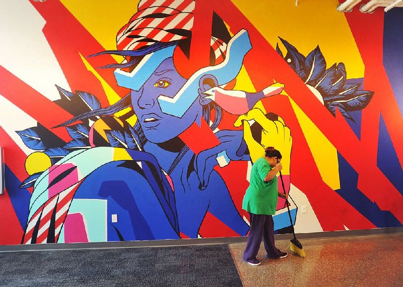 This mural by the Brazilian street-art duo known as Bicicleta Sem Freio was recently painted at the Windgate Art and Design building on the University of Arkansas at Fort Smith campus. 
