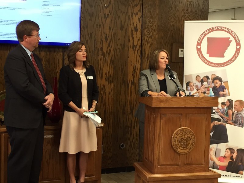 Arkansas Education Commissioner Johnny Key (from left), Assistant Learning Services Commissioner Debbie Jones and Curriculum and Instruction Director Stacy Smith address the media during a news conference Tuesday regarding the standards review process.