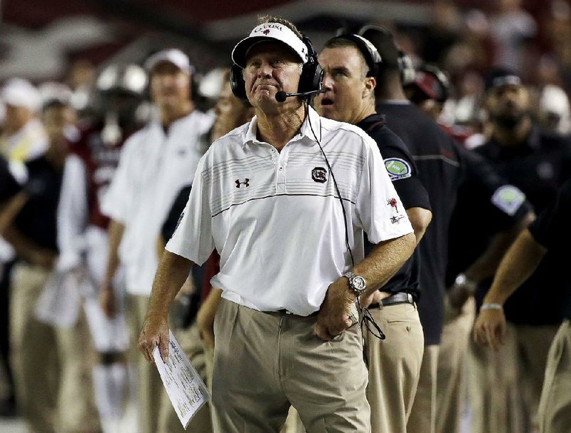 South Carolina head coach Steve Spurrier reacts to a call on the sidelines during the first half of an NCAA college football game against Missouri on, Saturday, Sept. 27, 2014, in Columbia, S.C. 