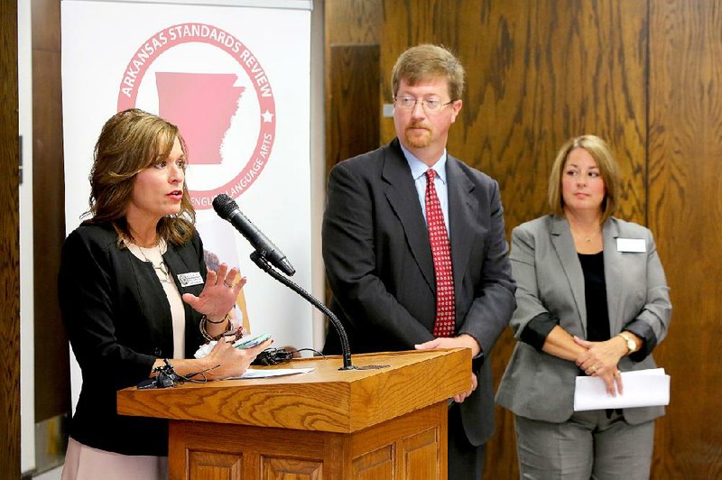 Debbie Jones, the state’s assistant commissioner for learning services, speaks at a Tuesday news conference in Little Rock along with Arkansas Education Commissioner Johnny Key about a new process to review state education standards.