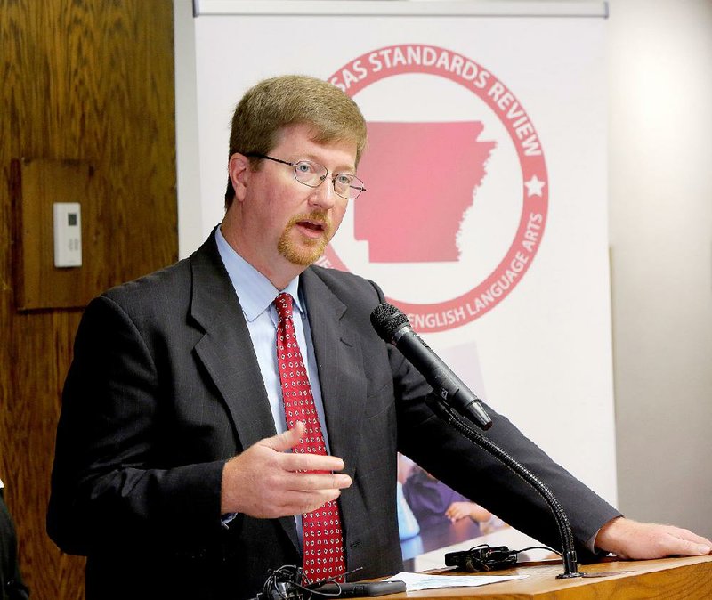 Arkansas Education Commissioner Johnny Key speaks at a Little Rock news conference Tuesday about modifying educational standards, shortly before the release of a plan for improving public education statewide by Forward Arkansas.