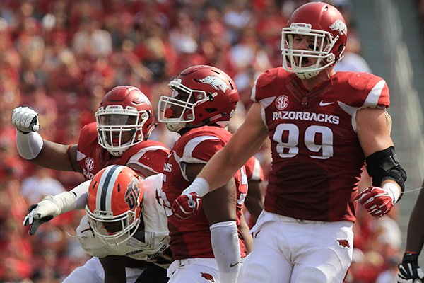 Arkansas' Mitchell Loewen (89) celebrates after making a tackle during a game against UPEP on Saturday, Sept. 5, 2015, at Razorback Stadium in Fayetteville. 