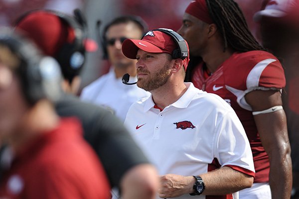 Arkansas' defensive coordinator Robb Smith watches against the University of Texas at El Paso Saturday, Sept. 5, 2015, during the third quarter of play in Razorback Stadium in Fayetteville. 
