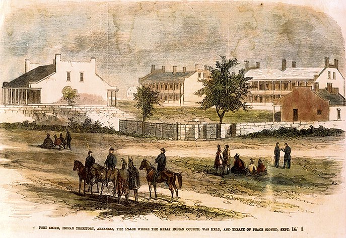 This early newspaper drawing, cataloged at the Library of Congress, bears the caption: “Fort Smith, Indian Territory, Arkansas. The place where the Great Indian Council was held and treaty of peace signed.”