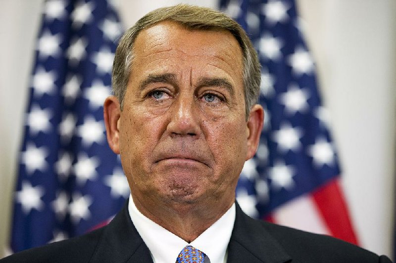 In this Sept. 9, 2015, photo, Speaker of the House John Boehner of Ohio, pauses while speaking about his opposition to the Iran deal during a news conference with members of the House Republican leadership on Capitol Hill in Washington. 