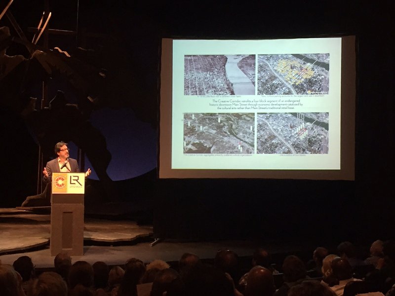 Steve Luoni of the University of Arkansas Community Design Center on Monday, Sept. 14, 2015, explains phases of the Creative Corridor project to revitalize Little Rock's Main Street into a destination for the arts and environmentally friendly streetscape practices. 