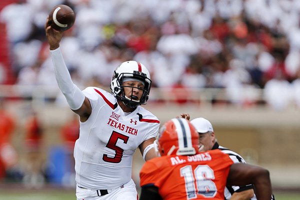 Texas Tech's quarterback Patrick Mahomes passes during an NCAA college football game against University of Texas at El Paso, Saturday, Sept. 12, 2015, in Lubbock, Texas. (Mark Rogers/Lubbock Avalanche-Journal via AP)