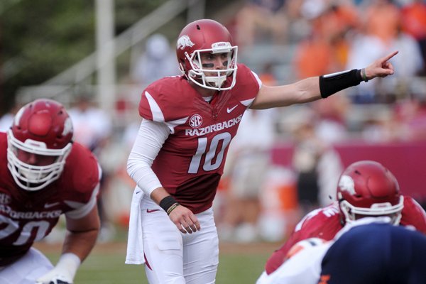 Arkansas quarterback Brandon Allen calls a play on Saturday, Sept. 5, 2015, during the first quarter of the UTEP game in Razorback Stadium in Fayetteville. 