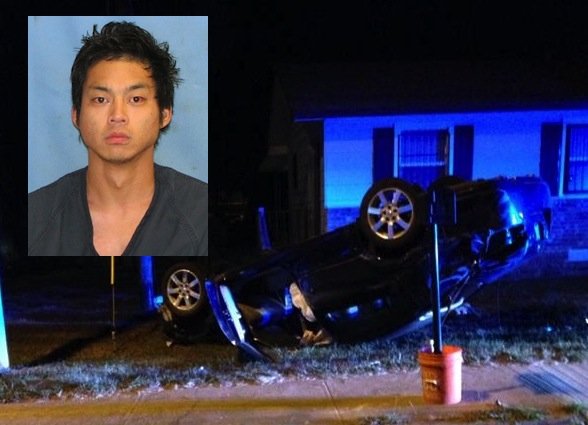 Jordan Matthew Van Den Berghe is shown along with a Little Rock Police Department photograph of the crash scene. Police say Vandenberghe was driving a stolen Nissan Maxima and was fleeing an officer when the car veered off Chicot Road and hit two pedestrians, killing one.