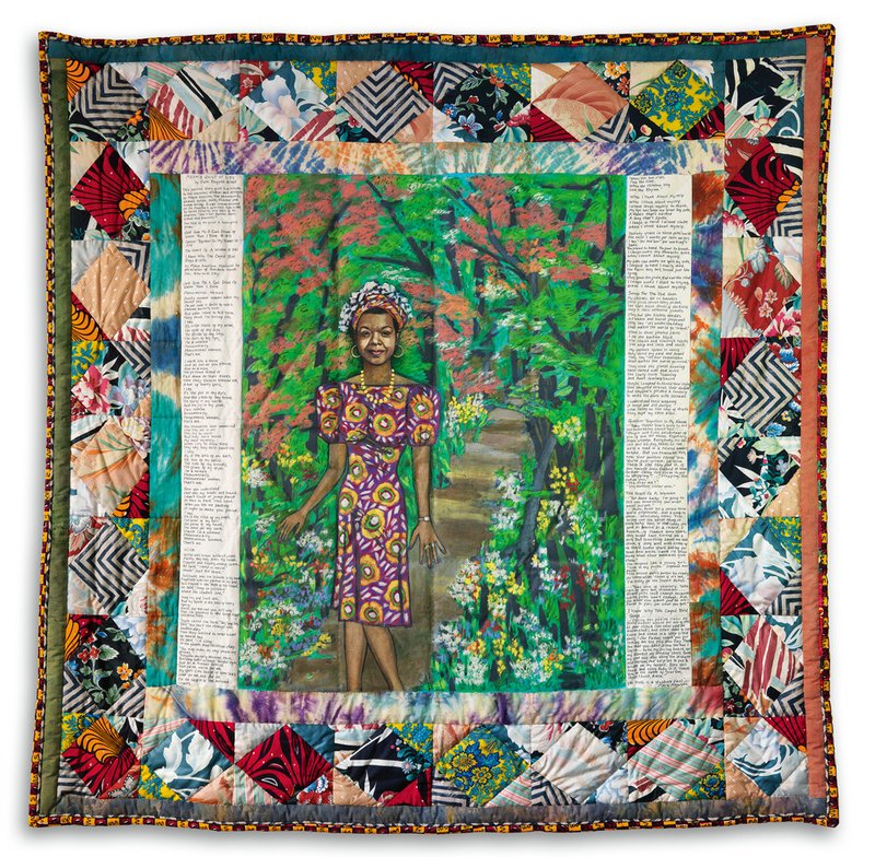 Faith Ringgold "Maya’s Quilt of Life," 1989. Acrylic on canvas and painted, dyed and pieced fabrics. 73 x 73 in.