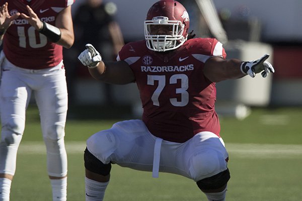 Arkansas offensive lineman Sebastian Tretola lines up during a game against Toledo on Saturday, Sept. 12, 2015, at War Memorial Stadium in Little Rock. 