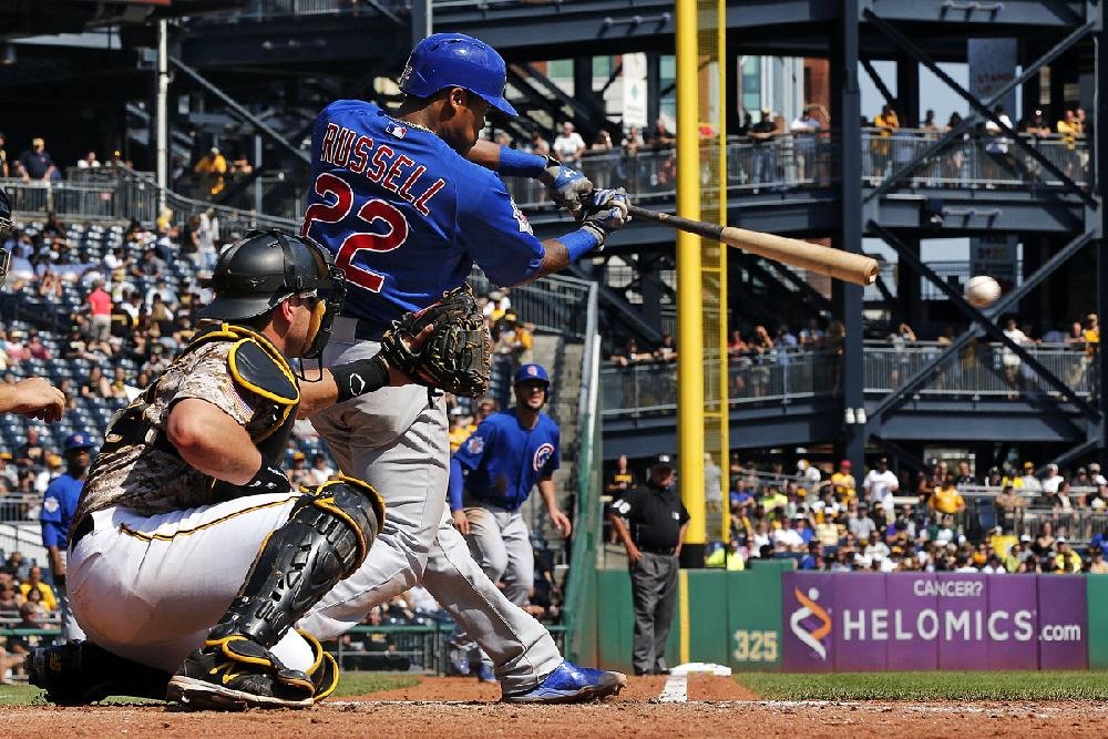 Chicago Cubs shortstop ADDISON RUSSELL doubles in the first inning