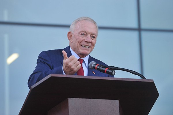 Dallas Cowboys owner Jerry Jones speaks at the dedication of the Jones Family Success Center on Saturday, Sept. 19, 2015, in Fayetteville. 