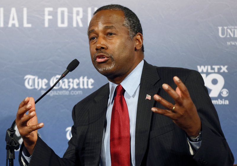 In this Monday, Aug. 3, 2015, file photo, Republican presidential candidate and retired neurosurgeon Ben Carson speaks during a forum, in Manchester, N.H. 