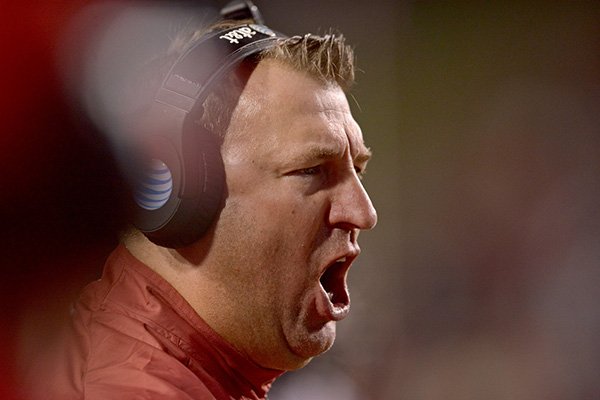 Arkansas coach Bret Bielema yells from the sideline during a game against Texas Tech on Saturday, Sept. 19, 2015, at Razorback Stadium in Fayetteville. 