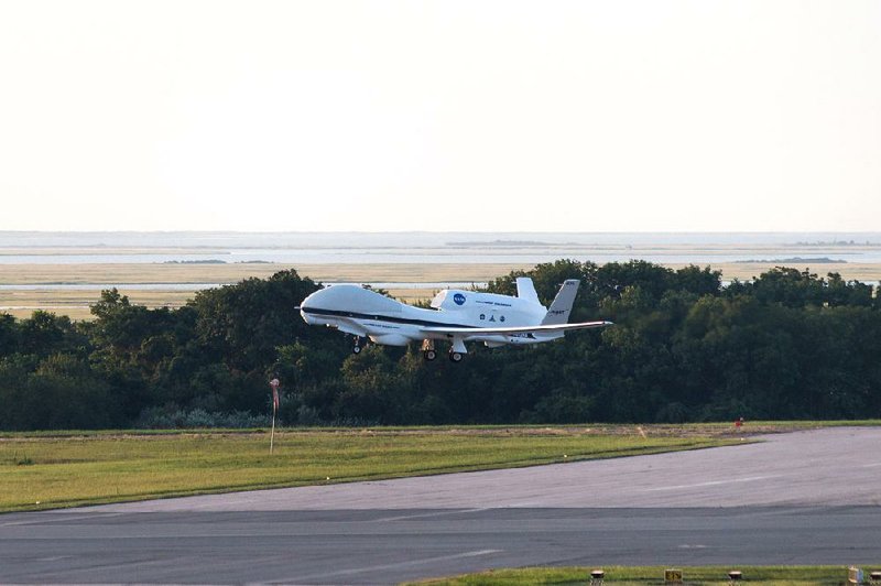 The Global Hawk takes off from the Wallops Flight Facility in Virginia. It later dropped probes to study Tropical Storm Erica.