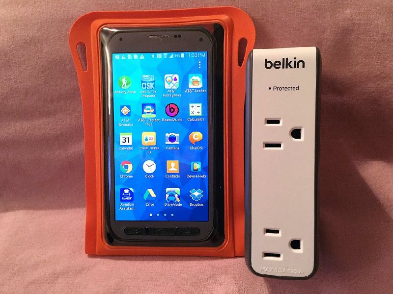 The GoMate iPX8 Waterproof Pouch Case (left) and the Belkin Travel RockStar battery pack and surge protector offer protection for electronics on the go.