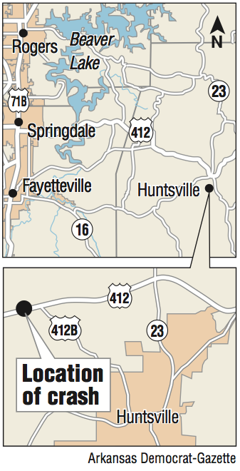 A map showing Huntsville and the location of the crash there.