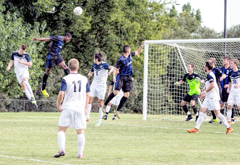 Photo courtesy of Lyon College JBU&#8217;s Giovani Bejarano attempts a header in the Golden Eagles&#8217; 1-0 loss at Lyon.
